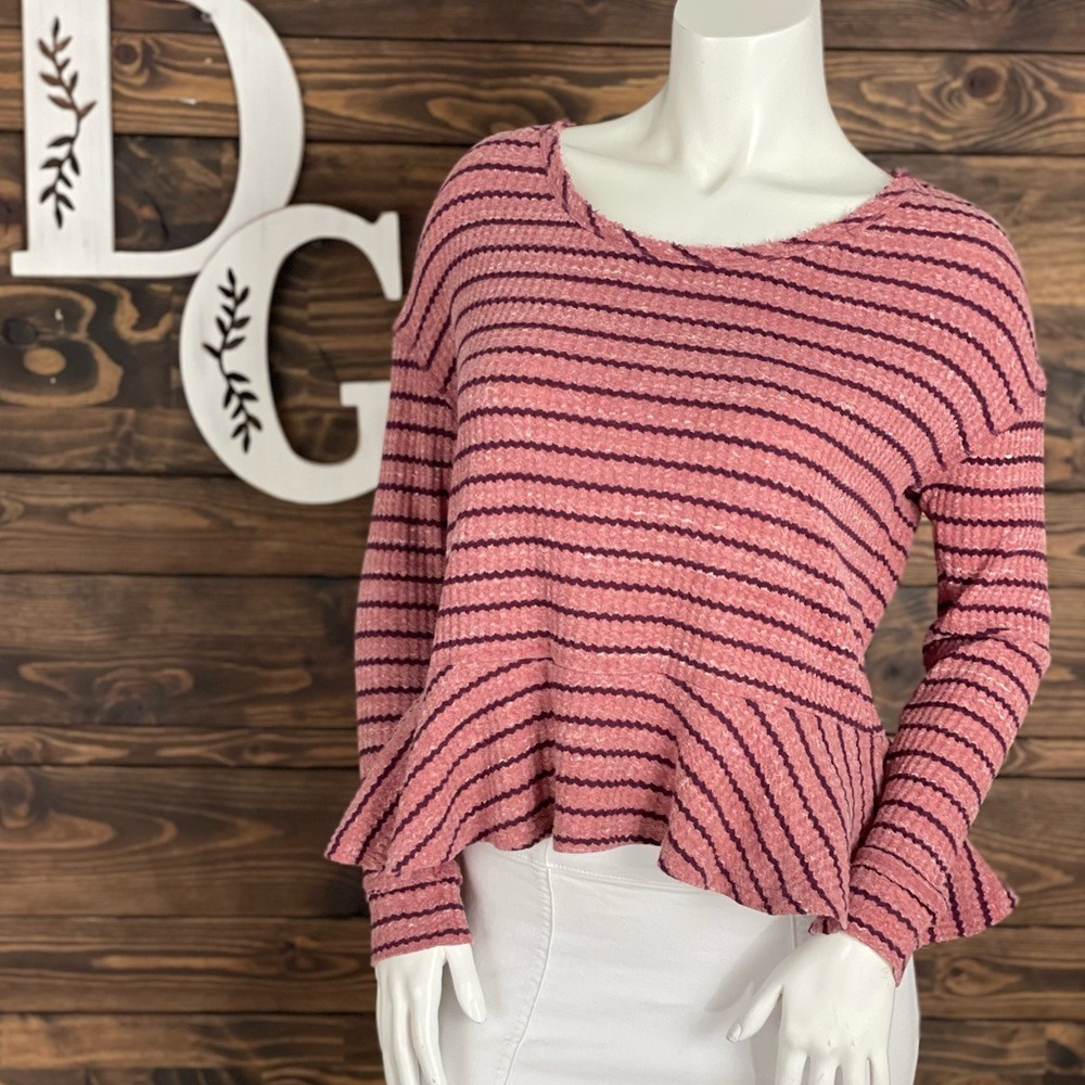 Free People | Striped Waffle Knit Lightweight Peplum Sweater Top Stripes Stripe